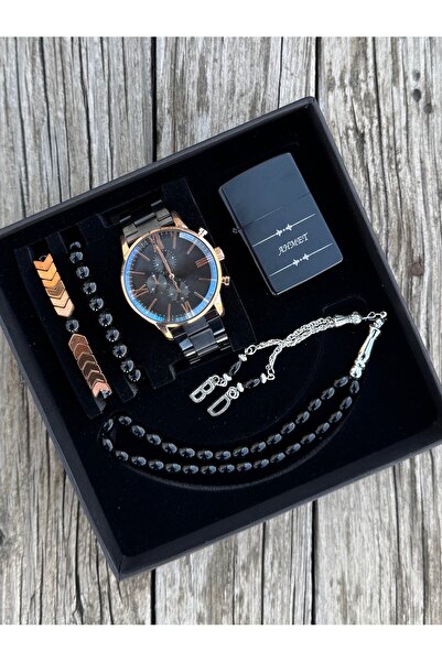 DEEPWELL Yeni Yıl Siyah Renk Erkek Kol Saati Çakmak Tesbih Bileklik Seti Bay235