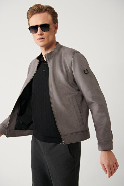 Avva Men's Anthracite Stand Collar Suede Textured Seasonal Comfort Fit Coat B006002