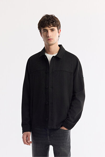 Avva Jachetă cămașă pentru bărbați, neagră, cu guler clasic, căptușită, cu croială normală A51Y6002