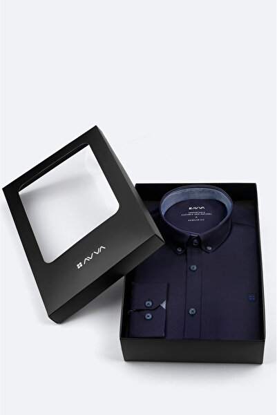 Avva Men's Navy Blue Buttoned Collar Gift Boxed 100% Cotton Basic Regular Fit Shirt B002034