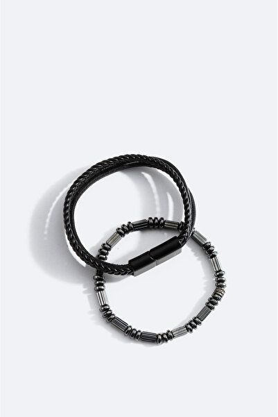 Avva Men's Black Leather and Hematite and Agate Stone Bracelet A51Y9613