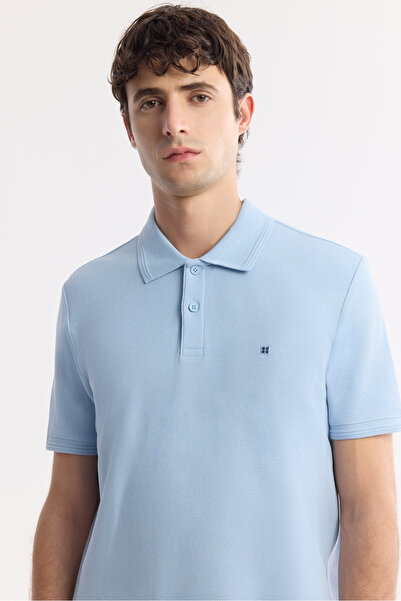 Avva Men's Light Blue Non-Curling Polo Neck 100% Cotton Basic Regular Fit T-Shirt B001032