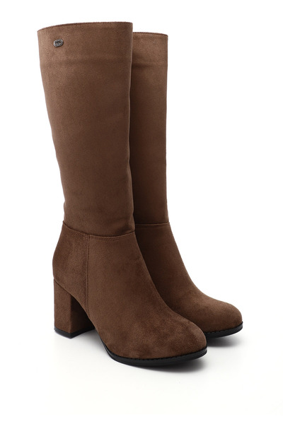 GÖNDERİ(R) Women's Brown Suede Round Toe Zippered Thick Heeled Boots