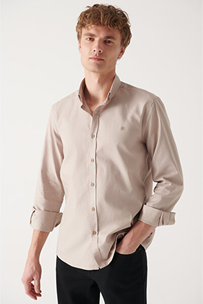 Avva Férfi bézs színű Oxford 100% pamut gombos galléros, normál szabású ing B002003