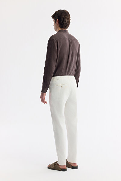 Avva Ανδρικό παντελόνι με κορδόνια σε λευκό χρώμα, λινό μείγμα, χινό, χαλαρή εφαρμογή B003036