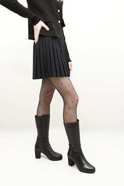 GÖNDERİ(R) Γυναικείες/Κοριτσίστικες μαύρες μπότες από γνήσιο δέρμα με χοντρό τακούνι με φερμουάρ