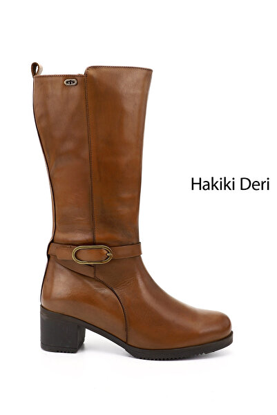 GÖNDERİ(R) Women / Girls Tan Antique Thick Heeled Genuine Leather Boots