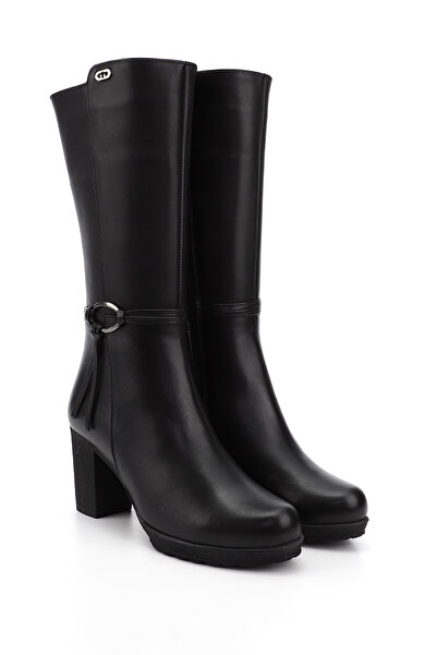 GÖNDERİ(R) Γυναικείες/Κοριτσίστικες μαύρες μπότες από γνήσιο δέρμα με χοντρό τακούνι με φερμουάρ