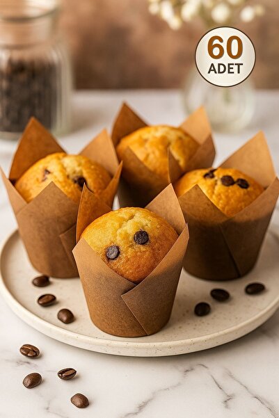 Kitchen Beauty 60'lı Kraft Muffin Cupcake Kalıbı Lale Şekilli Kek Kapsülü Naturel Kek Kalıbı,Airfryer Uyumlu