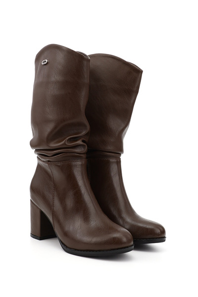 GÖNDERİ(R) Γυναικείες/Κοριτσίστικες μπότες με χοντρό τακούνι με στρογγυλή μύτη και φυσούνα σε καφέ χρώμα