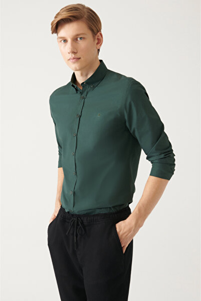 Avva Men's Khaki Button Collar Basic 100% Cotton Slim Fit Shirt B002030