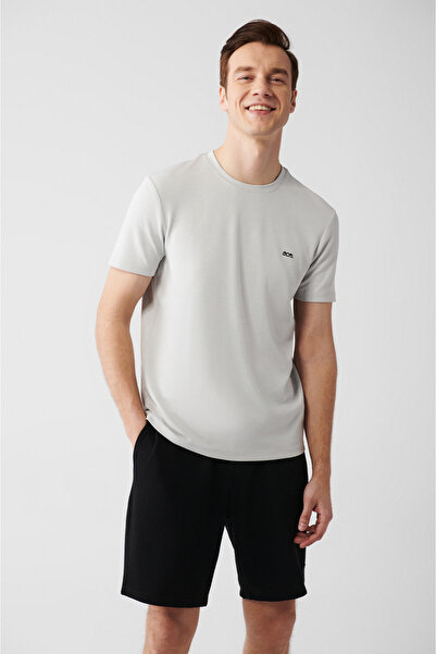 Avva Ανδρικό μπλουζάκι με γκρι λαιμόκοψη με στάμπα κανονικής εφαρμογής B001040