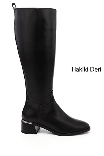 GÖNDERİ(R) Women's Black Platinum Zippered Thick Heeled Genuine Leather Boots