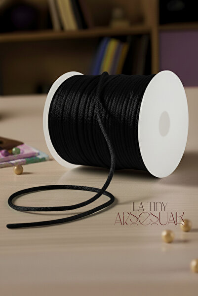 LA TINY AKSESUAR 5 Metre Siyah Floş Ip, Naylon Saten, Dostluk- Şans Bileklikl...