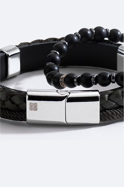 Avva Men's Khaki Leather and Hematite Stone Bracelet A51Y9611