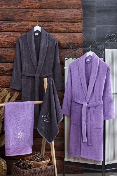Elmira Textile 4 Piece Family Bathrobe Set Women Men Towel Bathrobe Set 100% Cotton Gray-lavender
