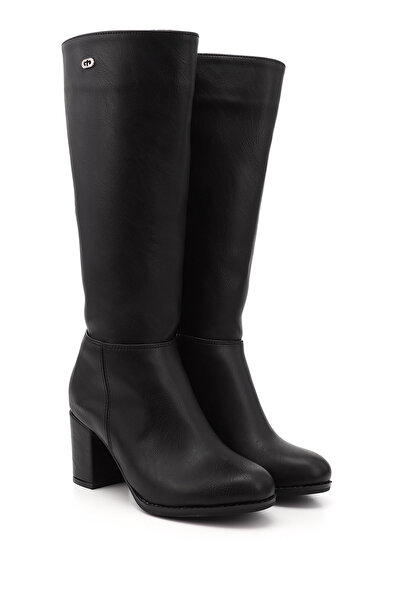 GÖNDERİ(R) Women's Black Round Toe Zippered Thick Heeled Boots