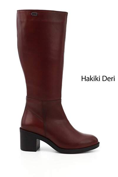 GÖNDERİ(R) Women's Burgundy Zippered Thick Heeled Genuine Leather Boots