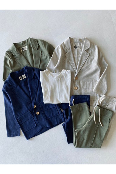 rg kidsstore Boy's Natural Linen Fabric, Pants, T-Shirt, Jacket 3-Piece Suit_Rg1465