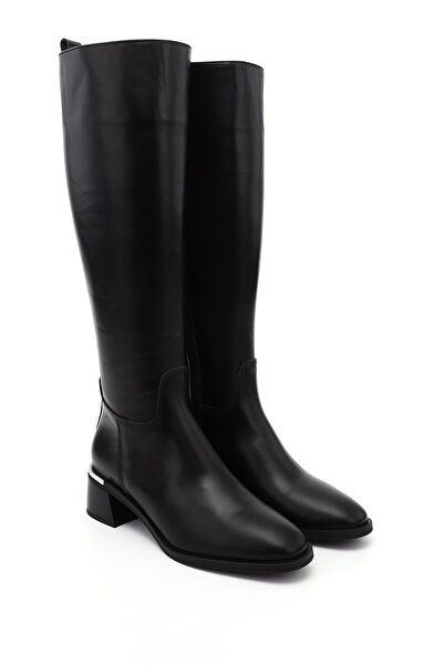 GÖNDERİ(R) Women's Black Platinum Zippered Thick Heeled Genuine Leather Boots