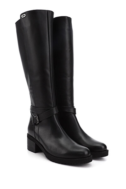 GÖNDERİ(R) Dámské/dívčí černé kozačky na zip na silném podpatku z pravé kůže