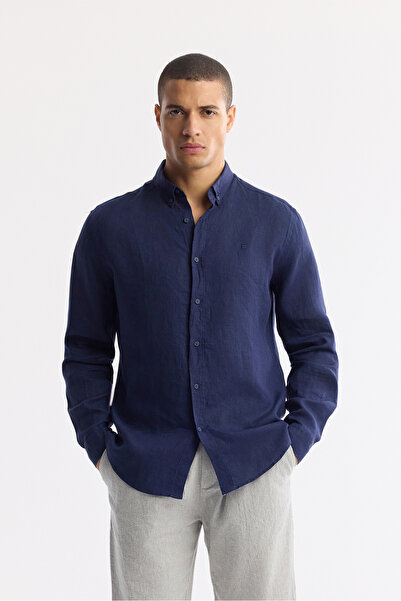 Avva Men's Indigo 100% Linen Buttoned Collar Shirt B 002191