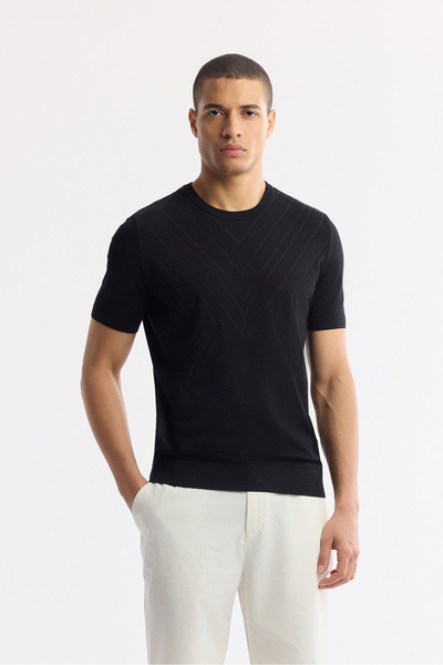 Avva Men's Black Crew Neck Viscose Blended Textured Knit T-Shirt A51Y5163