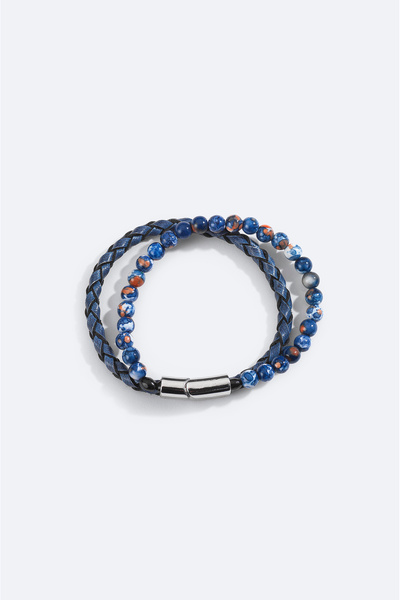 Avva Men's Blue 100% Leather and Stone Bracelet A51Y9606