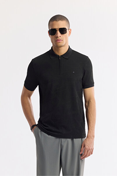 Avva Men's Black Polo Neck Jacquard Elastane Regular Fit T-Shirt A51Y1059