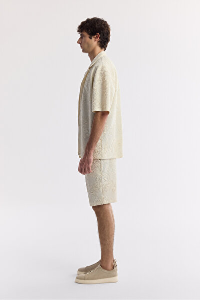 Avva Erkek Ekru Apaj Yaka Pamuklu Jakarlı Kısa Kol Oversize Fit Gömlek A51Y2016