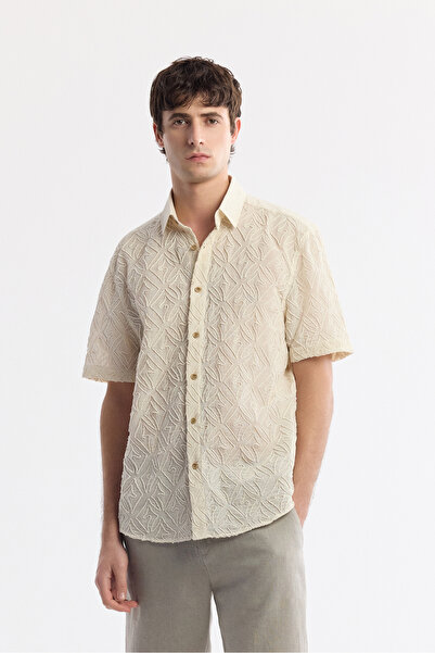 Avva Men's Beige Classic Collar Embroidered 100% Cotton Comfort Fit Shirt A51Y2097