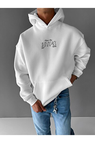 ablukaonline Мъжка прекалено голяма блуза с качулка и принт, цвят екрю