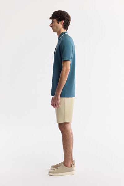 Avva Men's Petrol Blue Polo Neck Bi-Stretch Printed Interlock Regular Fit T-Shirt A51Y1007