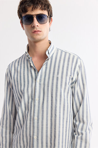 Avva Чоловіча сорочка з синім коміром на ґудзиках, у смужку, 100% бавовна, комфортний крій A51Y2167