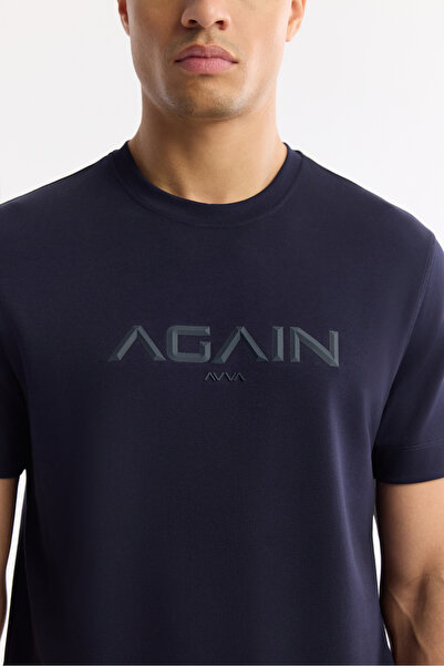 Avva Ανδρικό μπλουζάκι με λαιμόκοψη σε μπλε ναυτικό χρώμα, διπλό ελαστικό, με κορδόνι, κανονική εφαρμογή A51Y1132