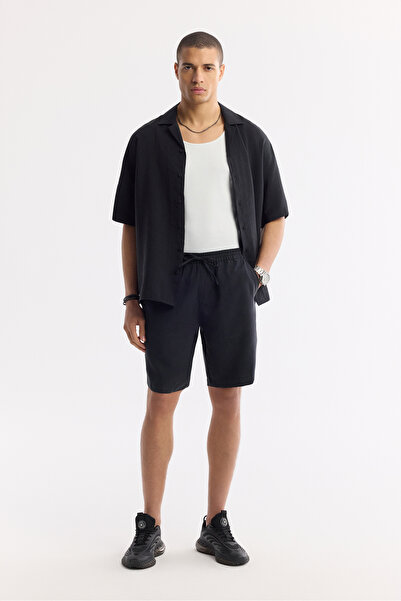 Avva Men's Black Elastic Waist Lace-Up Soft Touch Relaxed Fit Shorts A51Y3703