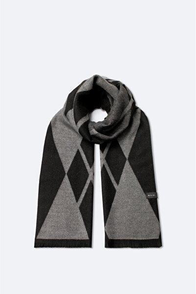 Avva Men's Grey-Black Viscose Blend Tassel Patterned Shawl A42Y9406