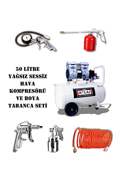 Attlas 50 Litre Yağsız Sessiz Hava Kompresörü Ve Boya Tabanca Seti