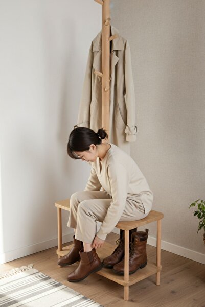 Evnalia 8 Askılı Portmanto Komodinli Ayakkabılık Vestiyer Naturel Ağaç Antre Ev Ofis 170x60x35 Cm