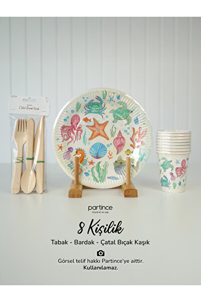 partince 8 Kişilik Deniz Canlıları Kullan At Karton Tabak-bardak-çatal Kaşık ...