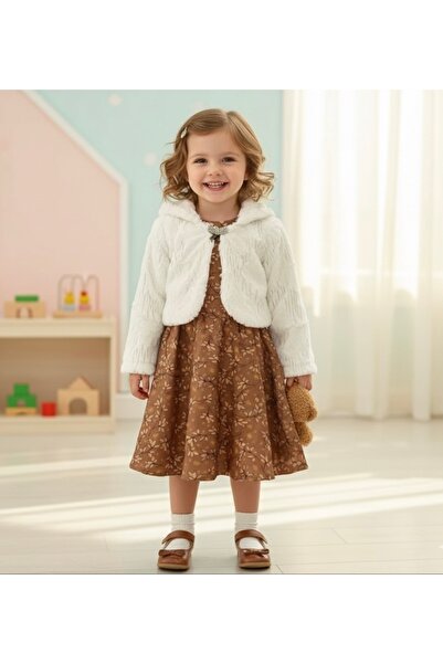Murat Baby Peluş yelekli broşlu ve kemerli kız çoçuk elbise
