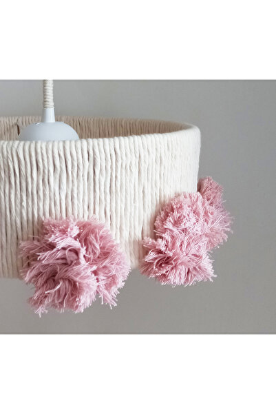 C&A&B KUZEY AVİZE EKRU İNCE SİLİNDİR MAKROME İP SARGI PEMBE BÜYÜK PONPONLU BEBEK -ÇOCUK-GENÇ ODASI SARKIT AVİZE