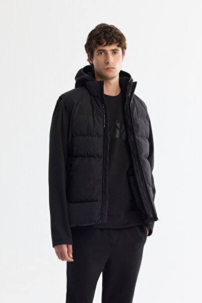 Avva Erkek Siyah Kapüşonlu Su İtici Rüzgar Geçirmez Çıkarılabilir Yelekli Mevsimlik Mont A42Y6100