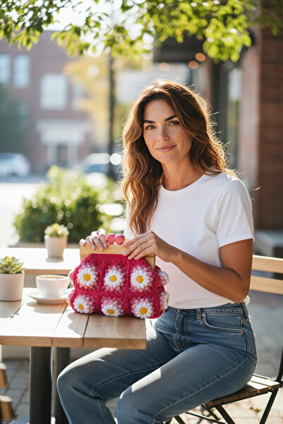 Satürn Hobi Örgü Papatya Motifli Pembe Ahşap Burslu Çanta