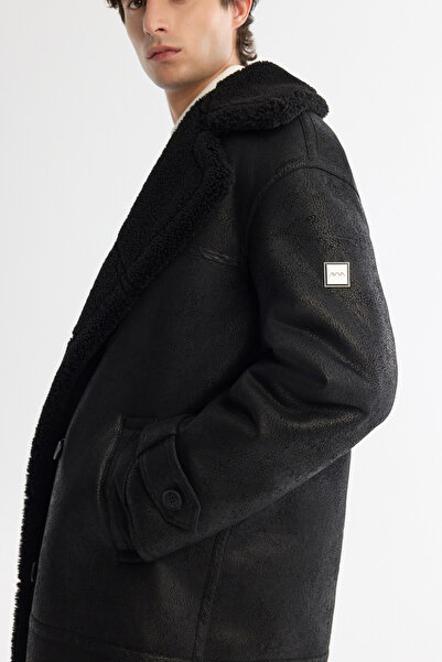 Avva Erkek Siyah Kürklü Mono Yaka Deri Görünümlü Uzun Napa Comfort Fit Kaban A42Y6125