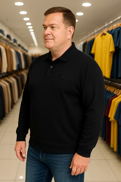 Maccali Men's Winter Wide Plain Black Oversized Polo Neck T-Shirt with Pockets