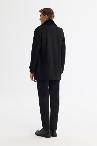 Avva Erkek Siyah Kruvaze Kapama Yün Karışımlı Yakası Çıkarılabilir Kürklü Kaşe Kaban A42Y6099