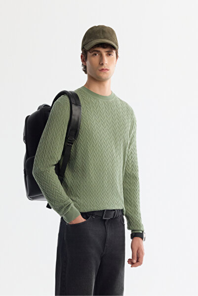 Avva Men's Aqua Green Crew Neck Jacquard Soft Touch Knitwear Regular Fit Sweater A42Y5145
