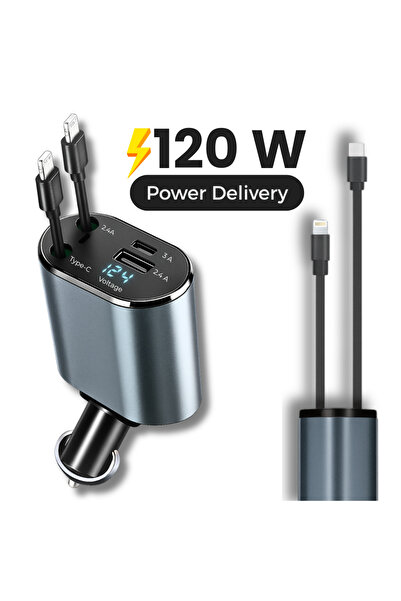 OEM Incarcator Auto Fast Charging 4 in 1, 120W Power Delivery, Cablu Retractabil Type-C & Lightning
