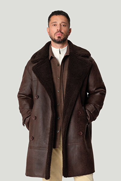 Avva Men's Brown Fur Mono Collar Leather Look Long Napa Comfort Fit Coat A42Y6125